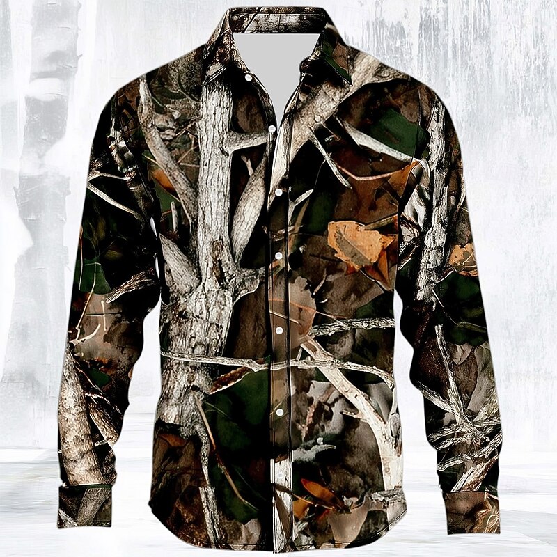 Men's Camo Camouflage Shirt Button Up Shirt Long Sleeve Vintage Retro Outdoor Camping & Hiking Hunting Spring Fall Turndown 3D Print Linen Like Shirt Black Army Green Camouflage3