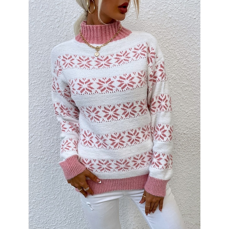 Women's Sweater Casual Soft Snowflakes Ribbed Turtleneck Knitted Long Sleeve Regular Tops Knit Outdoor Daily Weekend Pink Navy Blue Fall Winter4