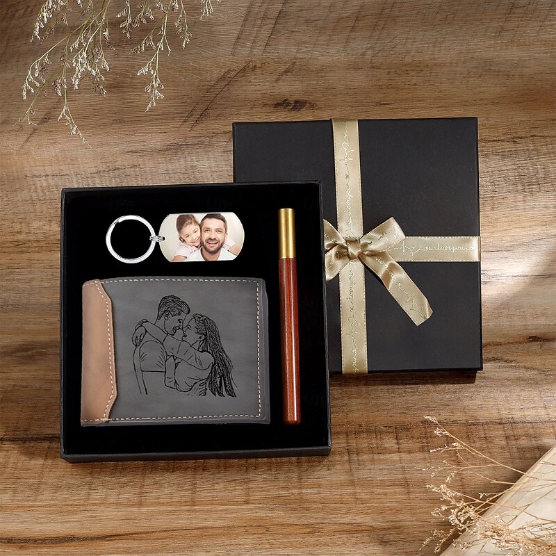 Personalized Photo Wallet and Keychain Christmas Gift Set Custom Engraved Leather Wallet Gift for Dad, Bifold Wallet for Men, Husband, Son, Father's Day, Birthday2