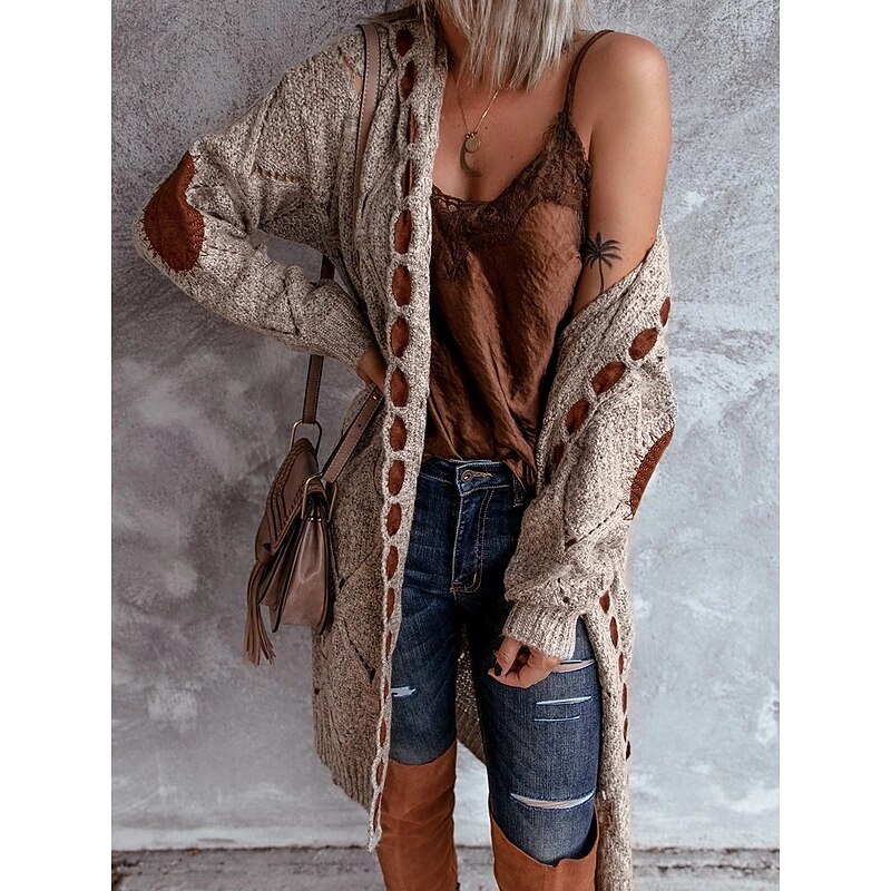 Women's Sweater Cardigan Elegant Fashion Streetwear Color Block Hooded Knitted Long Sleeve Long Tops Knit Outdoor Daily Weekend Khaki Apricot Fall Winter3