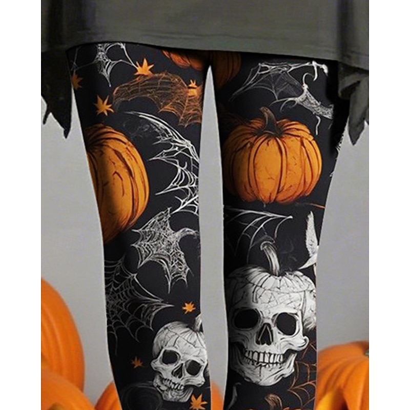 Women's Leggings Cozy Leggings Vacation Vintage Ethnic Style Full Length High WaistPantsHalloween Skull Pumpkin Printing Thermal Warm Comfortable Stretchy Vacation Casual Daily Black Fall Winter Slim2
