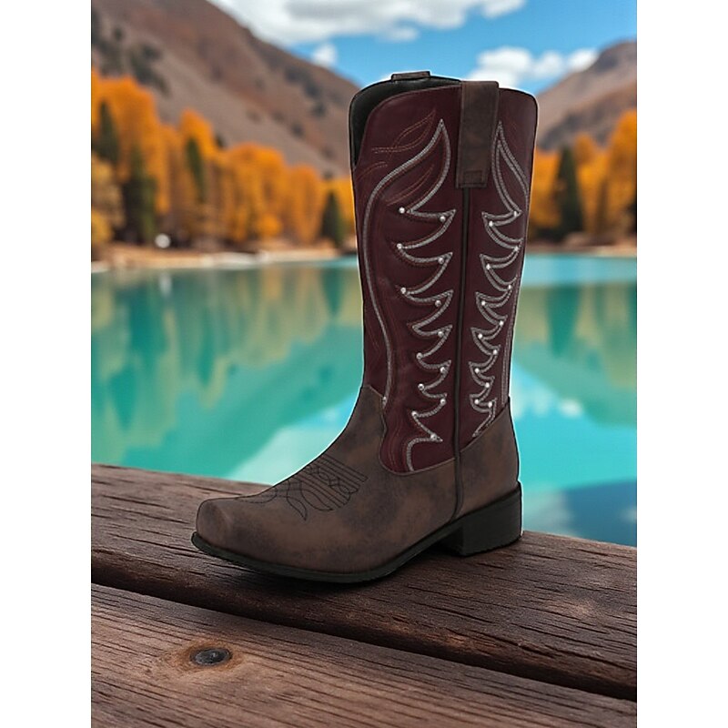 Women's Western Cowboy Boots Brown and Red Embroidered Mid-Calf Design Durable Comfortable Footwear for Casual Outfits4