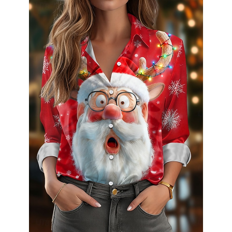 Christmas Women's Shirt Graphic Santa Claus Elegant Vintage Stylish Long Sleeve Shirt Collar Regular Tops Work Daily Holiday White Wine Red Red White Fall Winter4