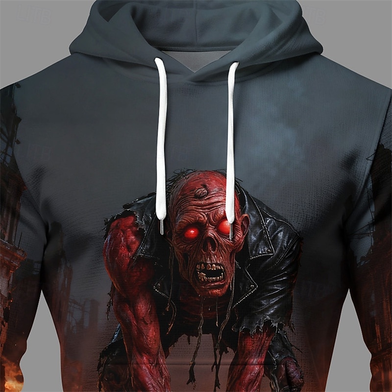 Halloween Men's Skull Monster Hoodie Fashion Daily Hooded Vacation Party Streetwear Dark Gray Drawstring Pocket Printing Fall Winter Designer2