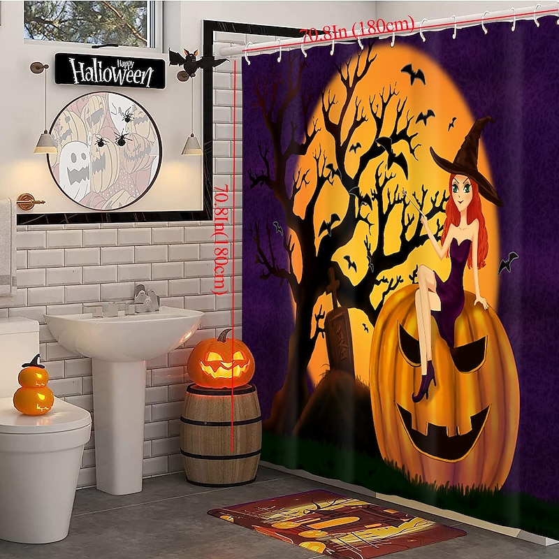 Halloween Shower Curtains Haunted Castle Pumpkin Bats Full Moon Flying Witch Skull Heads Waterproof Polyester Fabric Bathroom Decor Set with 12 Hooks Spooky Horror Holiday Seasonal Decoration3