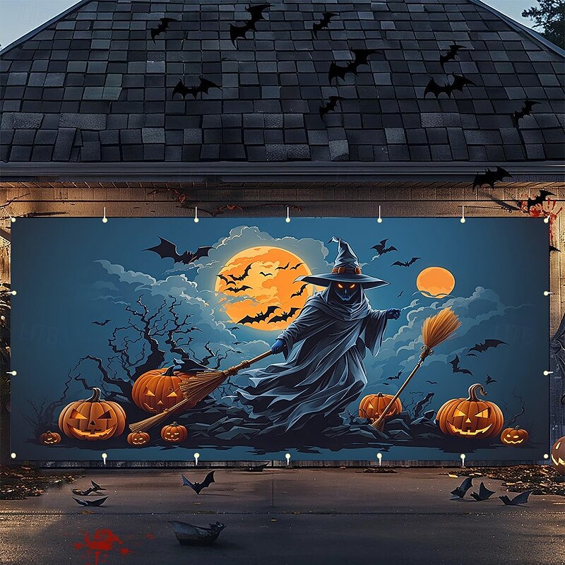 Halloween Garage Door Cover Large Hanging Backdrop Pumpkin Witch Dark Punk Gothic Style Party Outdoor Shooting Backgrounds Yard Haunted House Home Decor