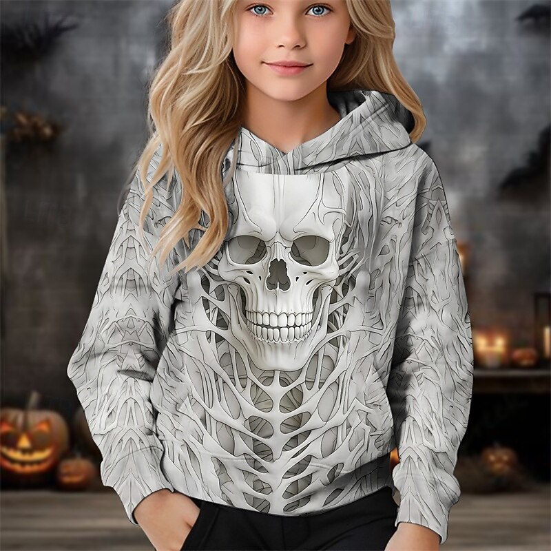 Halloween Girls' 3D Floral Skull Hoodie Long Sleeve Fall Winter Fashion Adorable Basic Kids 4-12 Years Hooded Outdoor Casual Daily Regular Fit4