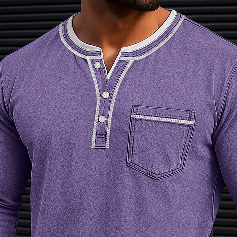 Men's Henley Shirt Long Sleeve Henley Spring Fall All Seasons Vintage Retro Vintage Casual 2 in 1 Front Pocket Casual Gray Wine Purple Top Tee for Men3