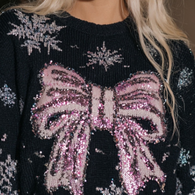 Women's Sweater Pullover Daily Casual Snowflakes Ribbed Crew Neck Knitted Print Long Sleeve Regular Tops Knit Outdoor Weekend Black Fall Winter3