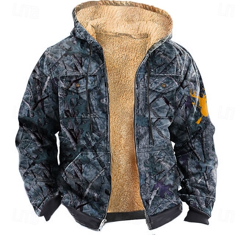 Men's Camo Camouflage Deer Fleece Hoodie Jacket Fashion Cool Hooded Hunting Red Blue Zipper Pocket Fall Winter Designer3