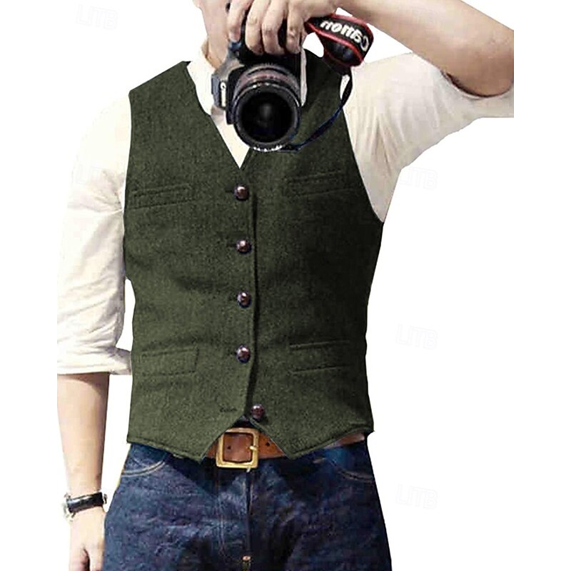 Men's Vest Waistcoat Gilet Vacation Party Business Fashion Casual Spring Fall Pocket Buttons Polyester Comfortable Solid Color Single Breasted One-button V Neck Regular Fit Silver Black Champagne Wine