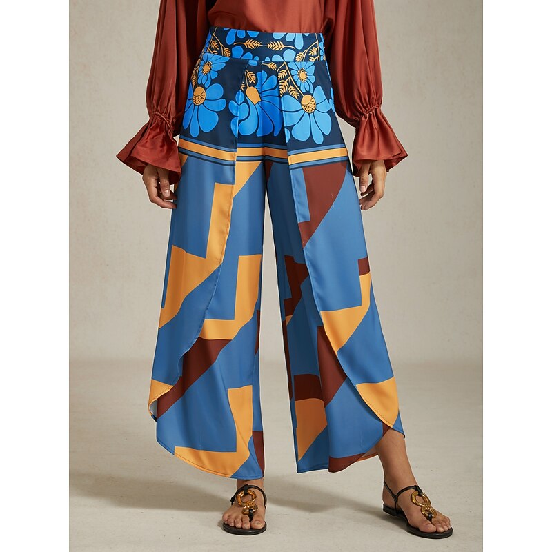 Women's Swing Full Length Satin Micro-elastic Pants Birthday Weekend Blue Rose Red Spring & Summer S M L