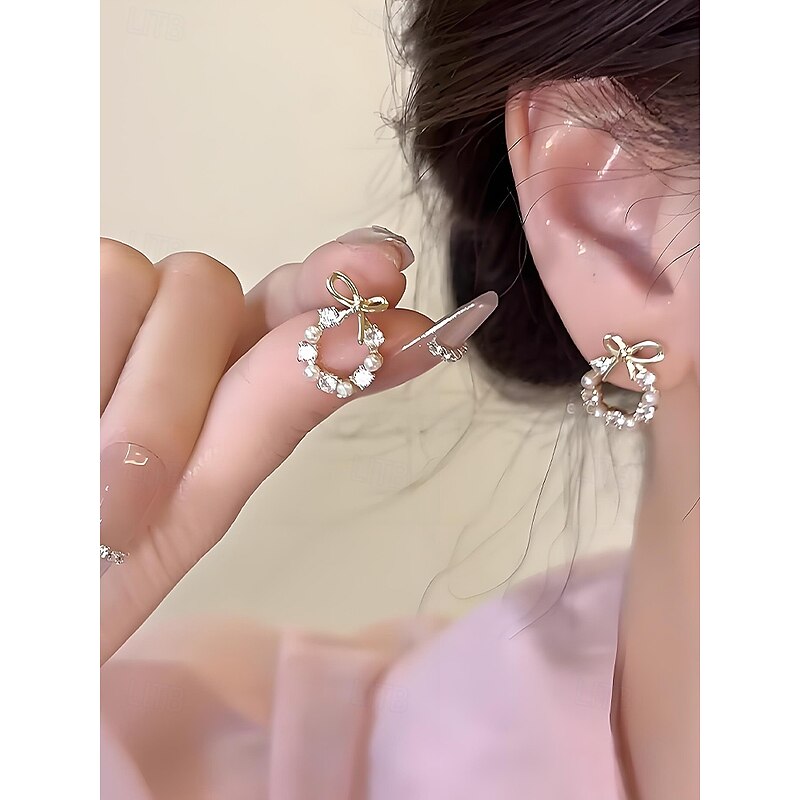 Women's Pearl Bow Earrings – Elegant Wreath Studs with Crystal Accents, Fashion Jewelry for Ladies & Christmas Gift4