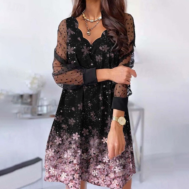 Women's Mini Dress Black Dress Party Dress Casual Dress Cocktail Dress Elegant Fashion Modern Outdoor Party Daily Loose Fit Floral Graphic Long Sleeve V Neck Light Pink Black Yellow Pink Summer4