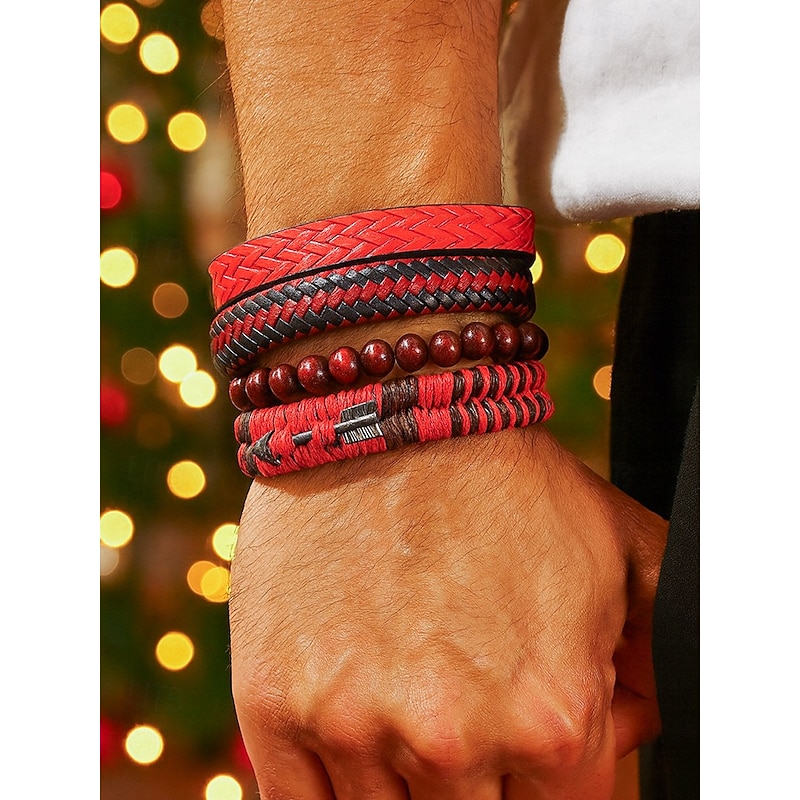 Men's Leather Beaded Bracelet Set – Multi-Layer Woven Retro Wristband Jewelry for Casual Style & Christmas Gift