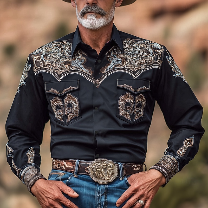 Men's Ethnic Intricate Floral Flowers Shirt Western Shirt Cowboy Shirt Long Sleeve Vintage Retro Outdoor Casual WorkWear Spring Fall Turndown Front Two Pockets Linen Like Shirt Button Up Shirts Black2