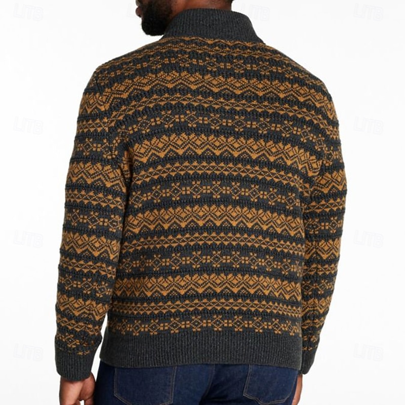 Men's Graphic Geometric Fair Isle Sweater Zip Sweater Sweater Polo Zip Collar Casual Vacation Home Daily Zipper Knitting Keep Warm Long Sleeve Fall Winter Brown2