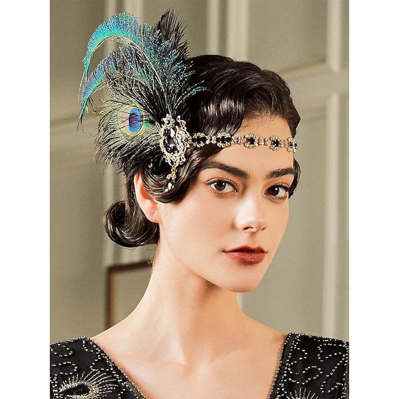 Women's 1920s Gatsby Flapper Style Jewelry Set  -Peacock Feather Headband, Pearl Bracelet, Earrings, Necklace, and Gloves for Vintage Party and Evening Wear3