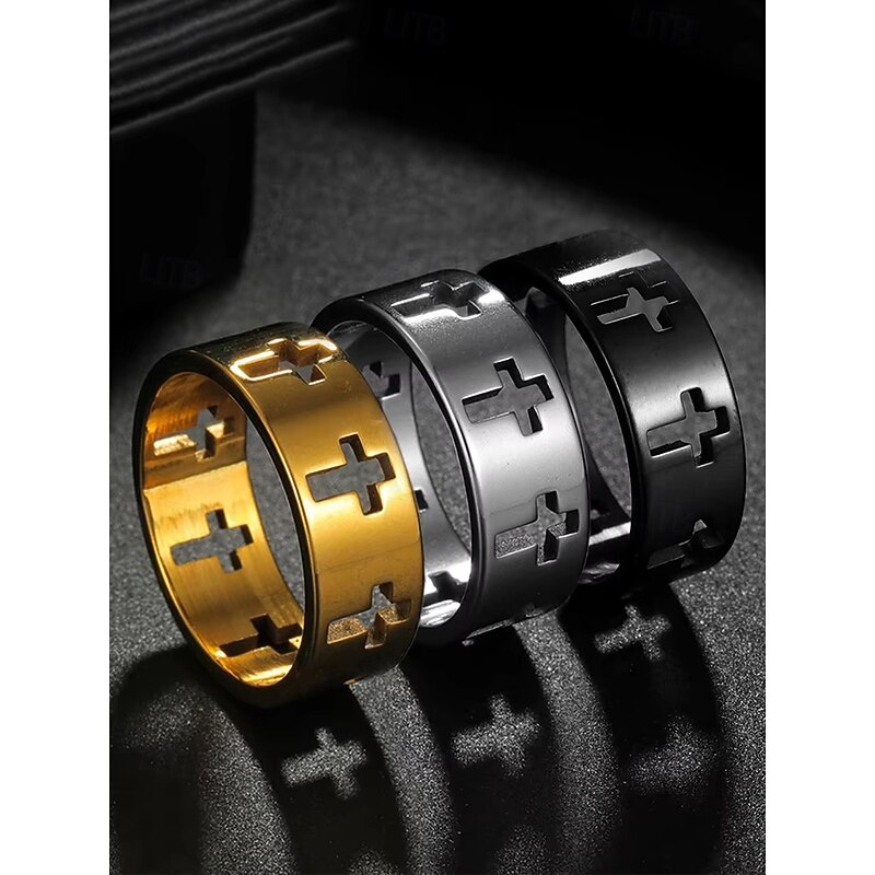 Men's Titanium Steel Cross Ring, Durable Stainless Gothic Band Jewelry, Fashion Religious Statement Ring for Daily Wear, Party and Gifts2