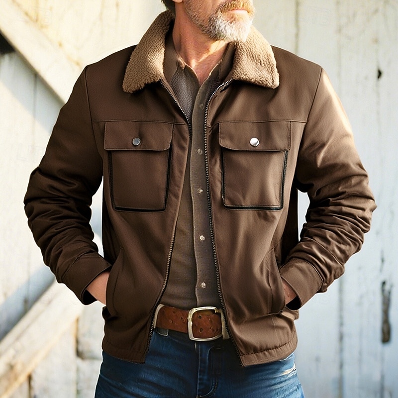 Men's Faux Suede Jacket Winter Jacket Fleece Jacket Casual Jacket Vacation Daily Thermal Warm Pocket Fleece Fall Winter Plain Fashion Streetwear Lapel Regular Black Coffee Gray Jacket