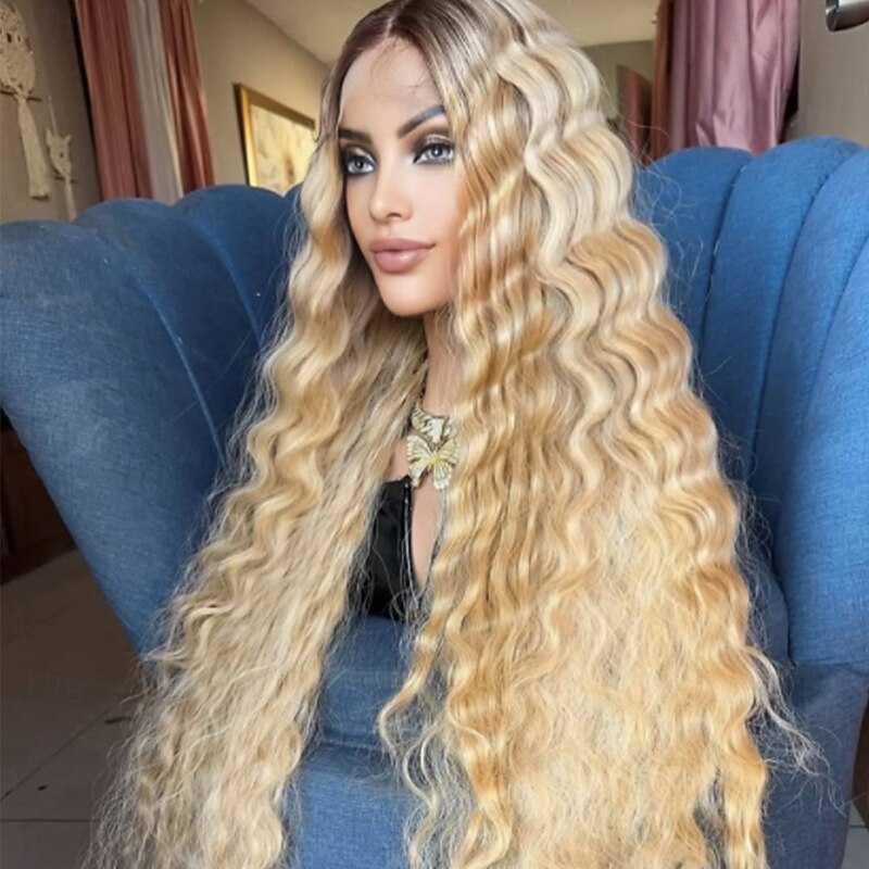 Remy Human Hair 5x5 Closure 13x4 Lace Front Wig Middle Part Brazilian Hair Water Wave Blonde Wig 150% 180% Density with Baby Hair Ombre Hair Highlighted / Balayage Hair 100% Virgin Pre-Plucked For3