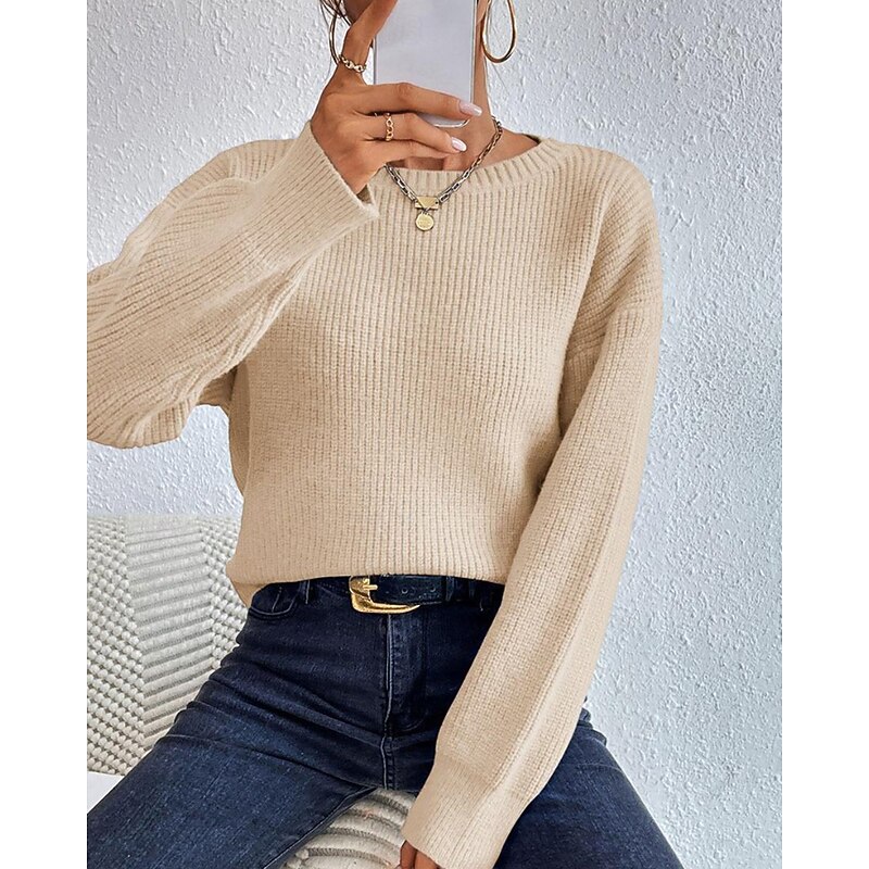 Women's Sweater Pullover Streetwear Casual Solid Color Crew Neck Knitted Long Sleeve Regular Tops Knit Daily Holiday Going out Royal Blue Fuchsia Fall Winter