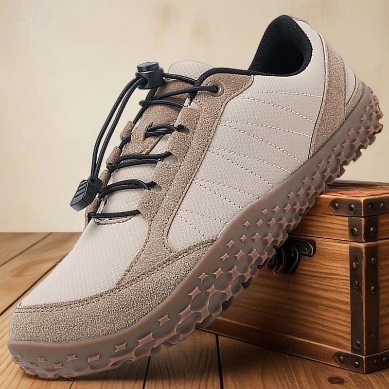 Men's Beige Lace-Up Sneakers with Textured Sole – Sporty Casual Shoes for Walking, Travel and Everyday Outfits