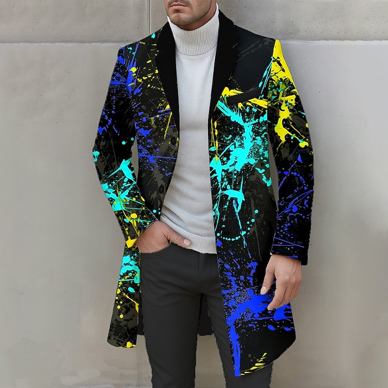 Men's Color Block Overcoat Coat Casual Daily 3D Print Buttons Front Pocket Spring Fall Winter Notch Long Sleeve Black 1 Black Black 22