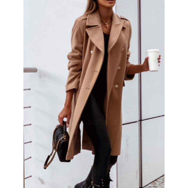 Women's Coat Comfortable Breathable Pocket Buttons Casual Plain Vacation Street Casual Daily Wear Single Breasted Long Turndown Regular Fit Long Sleeve Outerwear Black Wine Khaki Spring Fall4