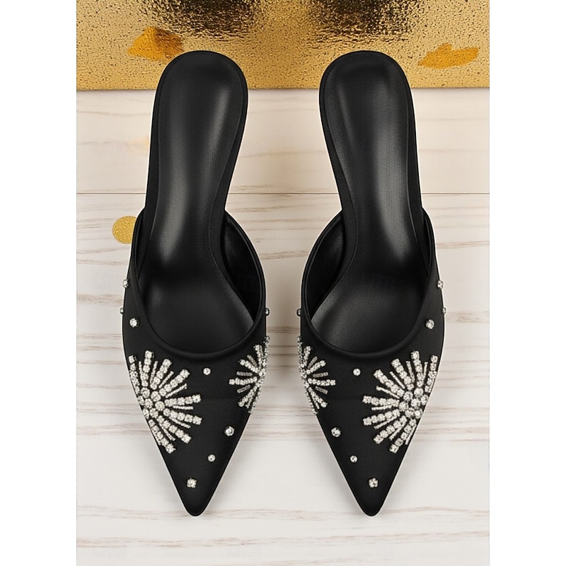 Women's Black Satin Pointed Toe Mules with Rhinestone Firework Embellishment - Elegant Cocktail Party and Formal Occasion Shoes2
