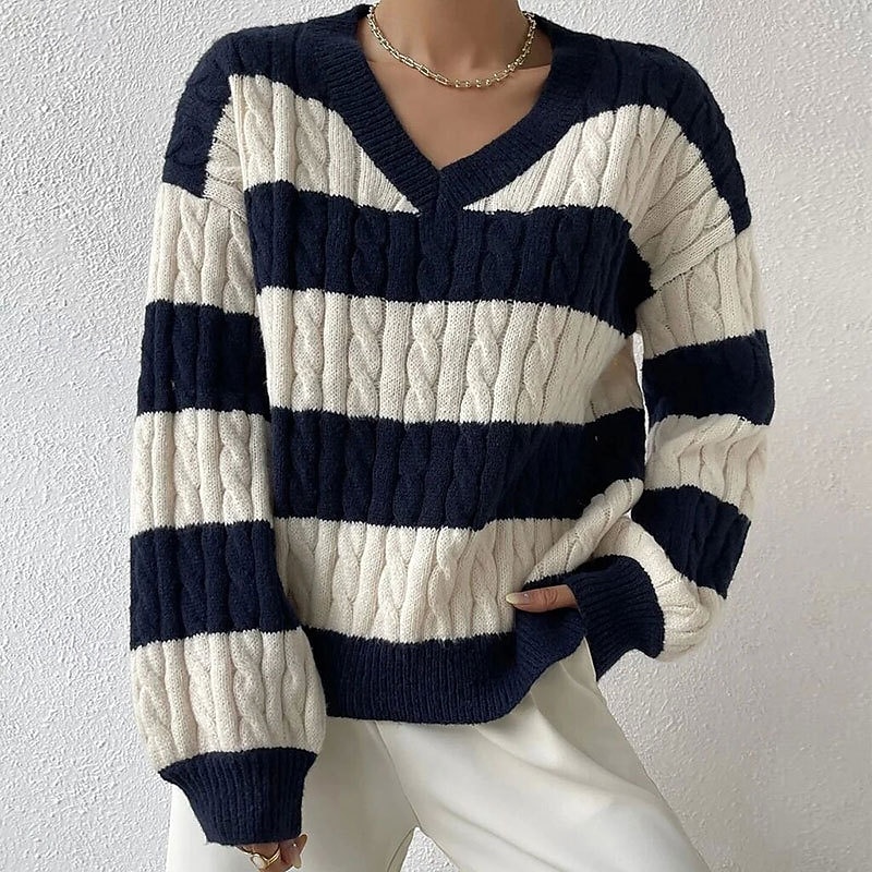 Women's Sweater Pullover Streetwear Casual Striped Cable V Neck Knitted Long Sleeve Regular Tops Knit Daily Holiday Going out Royal Blue Fall Winter