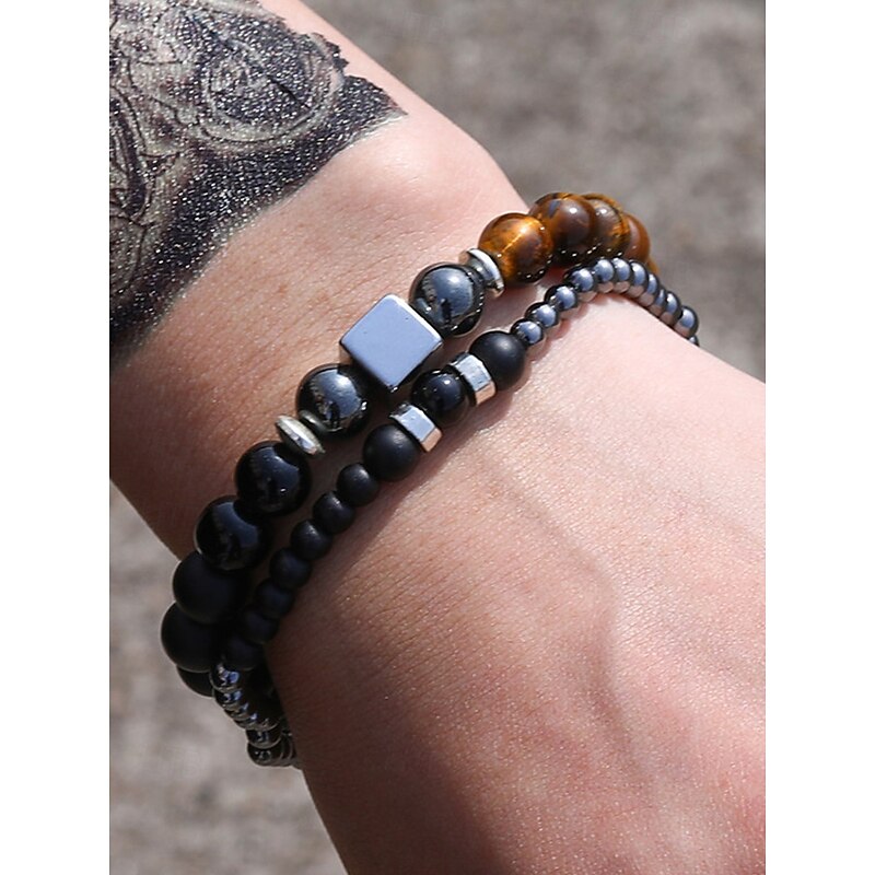Men's Beaded Bracelet Set with Natural Stone and Hematite Beads, Adjustable Layered Wristband Jewelry for Casual Wear, Parties and Gifts2