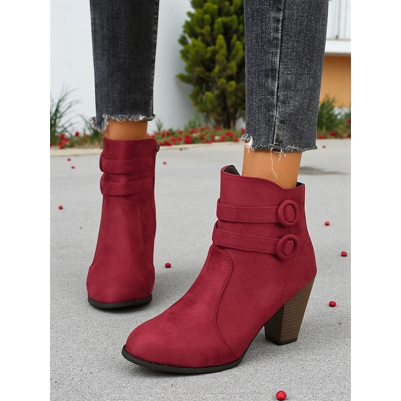 Women's Burgundy Ankle Boots – Faux Suede Block Heel Zipper Booties with Strap Detail for Casual Wear and Fall Outfits3