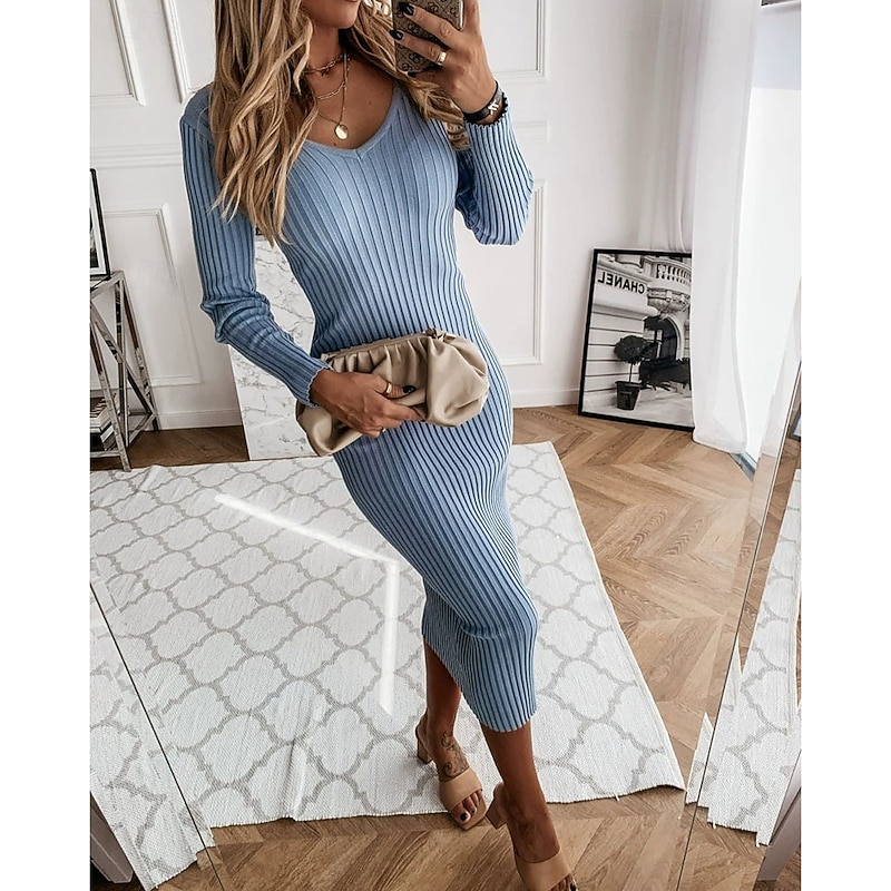 Women's Midi Dress Sweater Dress Casual Dress Elegant Fashion Modern Outdoor Daily Going out Regular Fit Plain Long Sleeve Crew Neck Black White Light Brown Blue Spring Fall Autumn2