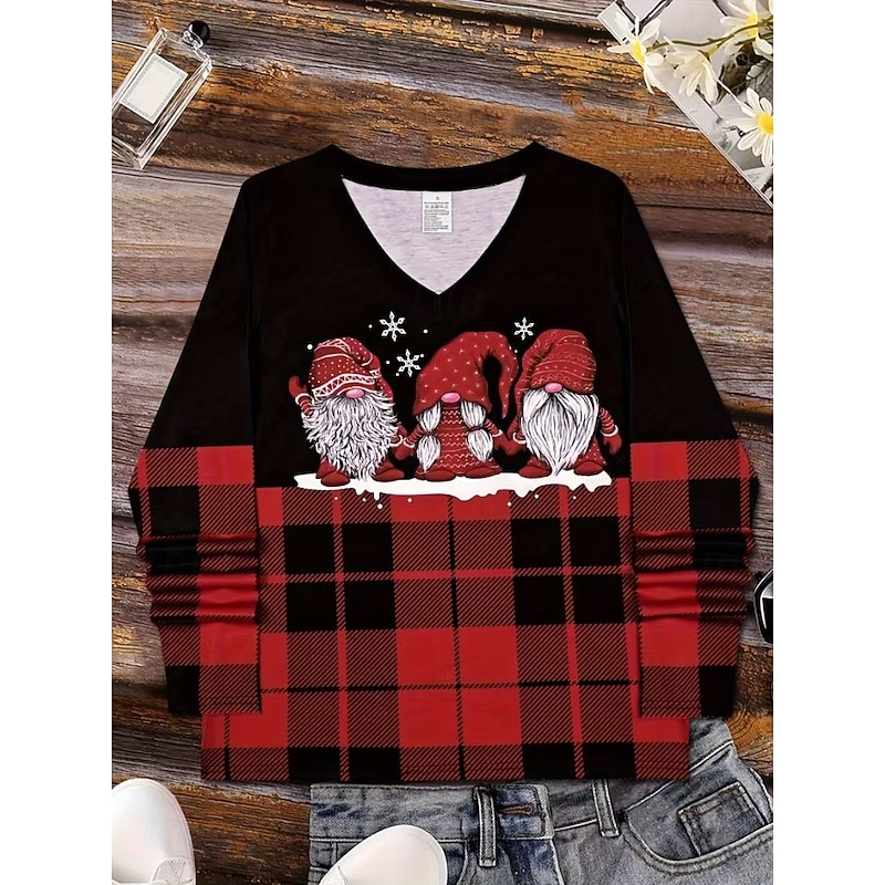 Christmas Women's T Shirt Graphic Geometric Santa Claus Vintage Stylish Classic Long Sleeve V Neck Regular Tops Daily Print Black Spring Fall Winter2