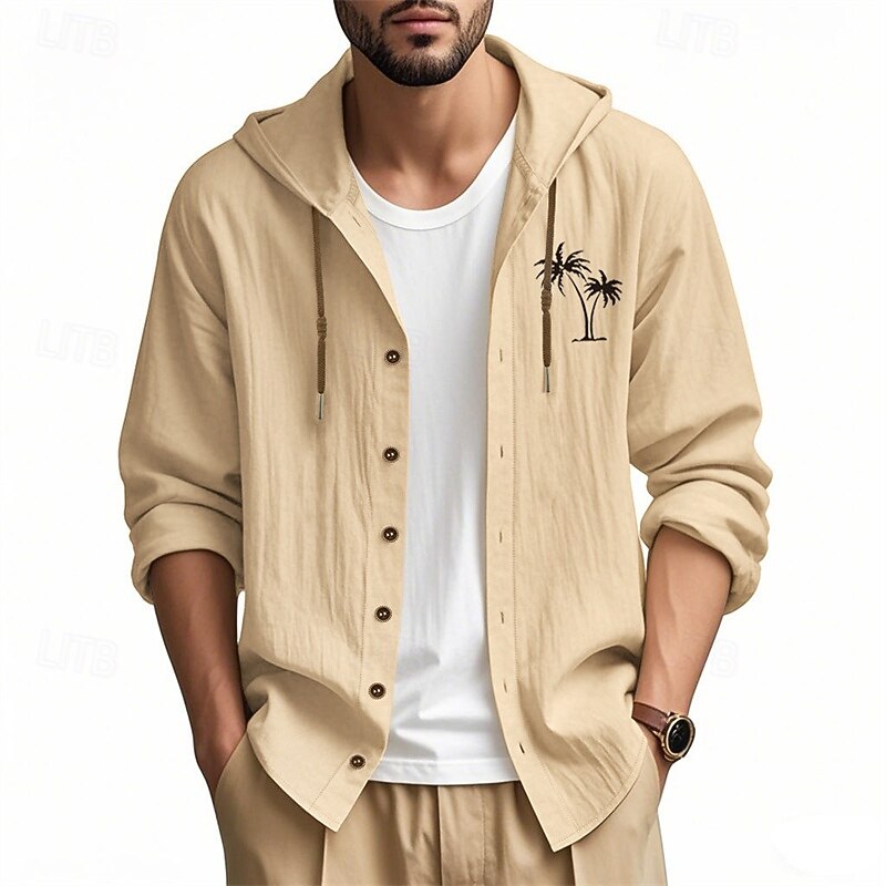 Men's Shirt Linen Shirt Casual Shirt Button Up Shirt Cotton Shirt Coconut Tree Vacation Hawaiian Black White Sky Blue Khaki Long Sleeve Hooded Spring Fall Clothing Apparel Print