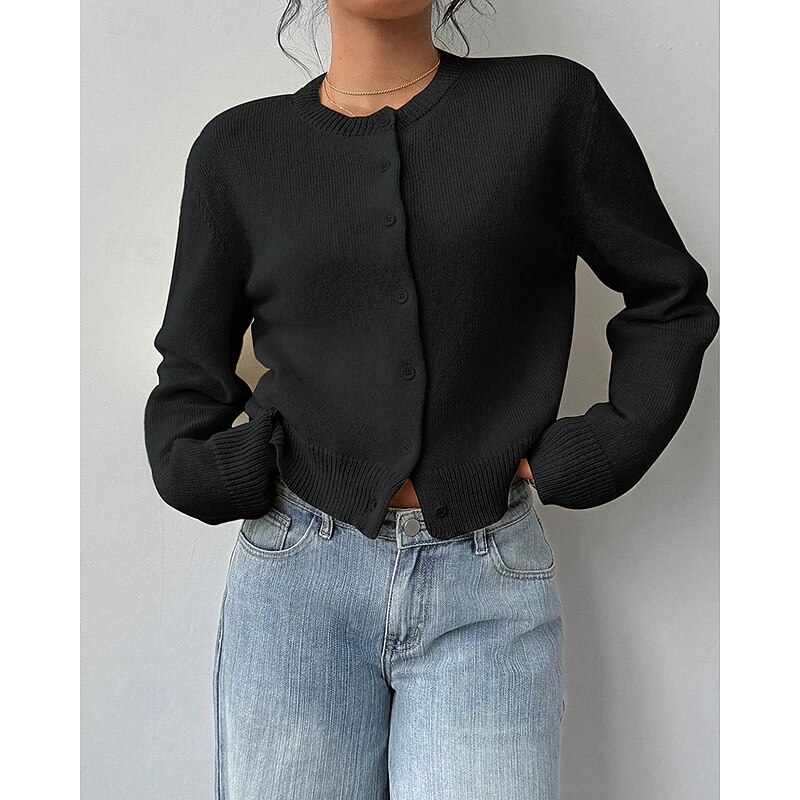 Women's Sweater Cardigan Streetwear Casual Solid Color Crew Neck Buttons Knitted Long Sleeve Regular Tops Knit Daily Holiday Going out Black White Fall Winter3