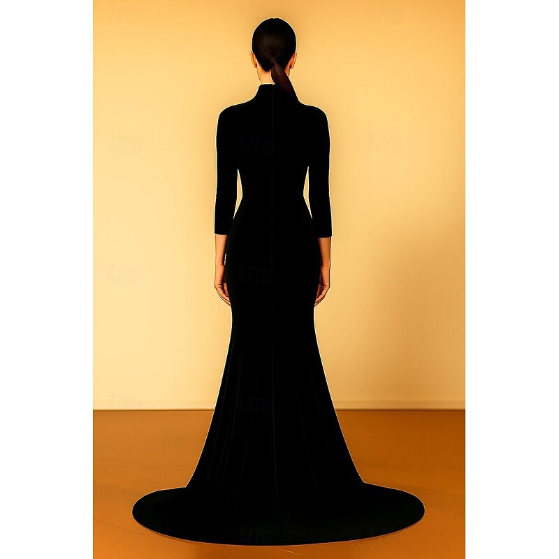 Black Tie Stretch Velvet Leopard Print Mermaid / Trumpet Evening Gown Elegant Formal Dress Formal Wedding Sweep / Brush Train 3/4 Length Sleeve High Neck with Ruched Pearls 20252