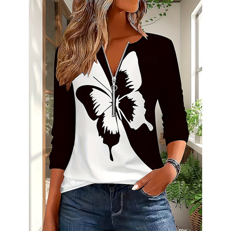 Women's T Shirt Graphic Color Block Butterfly Vintage Stylish Classic Long Sleeve V Neck Regular Tops Daily Weekend Zipper Print Black and White Fall Winter