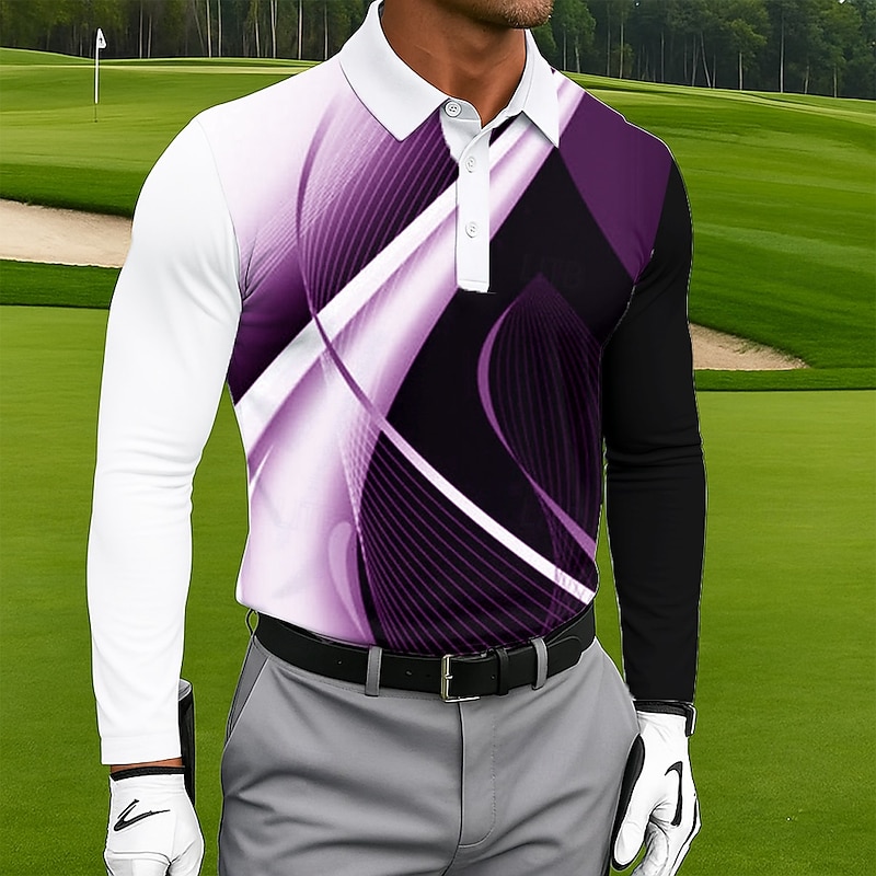 Men's Geometic Golf Polo Long Sleeve Polo Shirts Lapel Casual Outdoor Athleisure Sports Daily Wear 3D Print Buttons Spring Fall Winter Black Blue Purple3