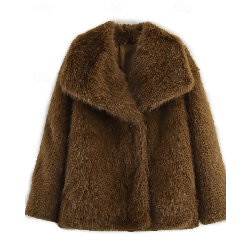 Women's Faux Fur Coat Warm Comfortable Furs & Leathers Casual Plain Street Holiday Going out Weekend Regular Turndown Regular Fit Long Sleeve Outerwear Coffee Fall Winter2