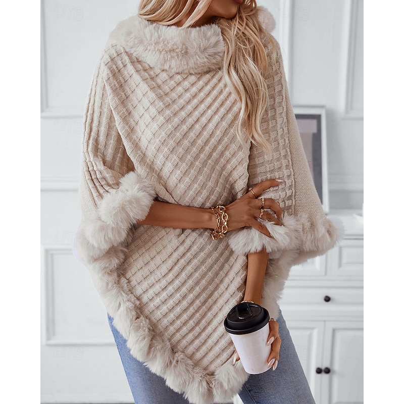 Women's Sweater Shrug Elegant Fashion Streetwear Solid Color Ribbed Turtleneck Knitted Asymmetric Hem Faux Fur Trim Half Sleeve Regular Tops Knit Outdoor Daily Weekend Wine Red Black Fall Winter3