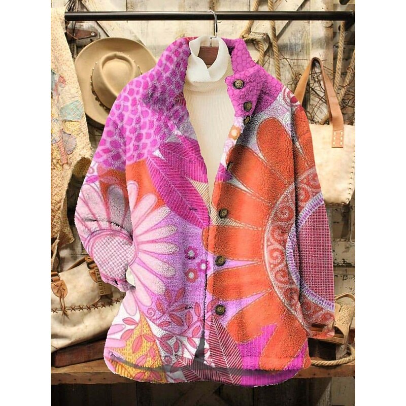 Women's Fleece Jacket Casual Jacket Comfortable Breathable Pocket Print Casual Floral Vacation Street Casual Daily Wear Zipper Regular Turndown Regular Fit Long Sleeve Outerwear Wine Blue Fuchsia2