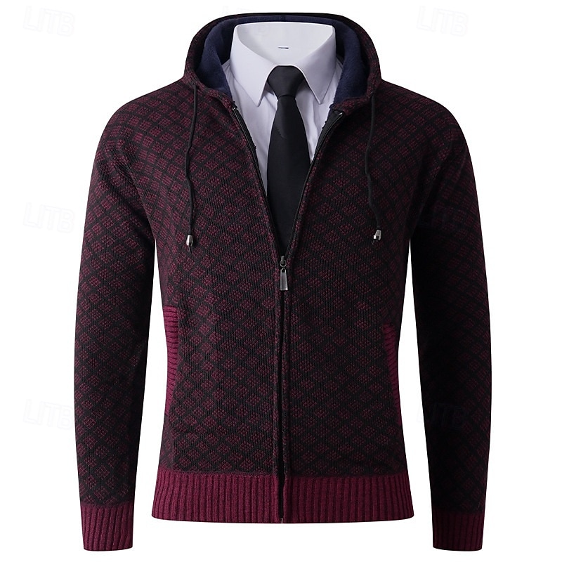 Men's Sweater Dress Sweater Cardigan Sweater Zip Sweater Knit Sweater Ribbed Knit Regular Tops Knitted Ribbed Plain Hooded Fashion Shawls Casual Daily Wear Clothing Apparel Fall Winter Burgundy Navy3