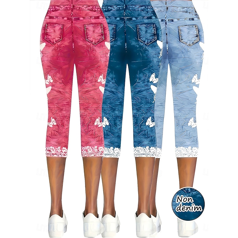 Women's Capri Pants Leggings Vacation Vintage Fashion Calf-Length Mid Waist Floral Graphic 3D Print Printing Soft Breathable Micro-elastic Vacation Street Causal Pinky Light Sky Blue Deep Blue Summer3