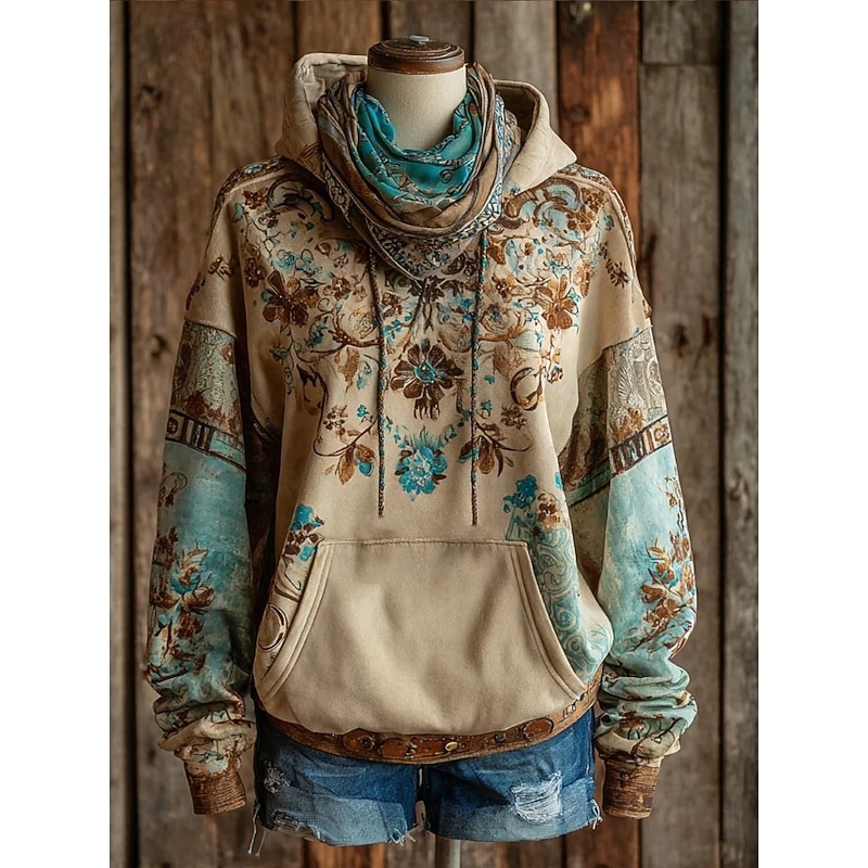 Women's Pullover Hoodie Sweatshirt Graphic Geometric Vintage Western Casual Long Sleeve Hooded Regular Tops Street Dailywear Patchwork Print Front Pocket Yellow Blue Spring Fall Winter2