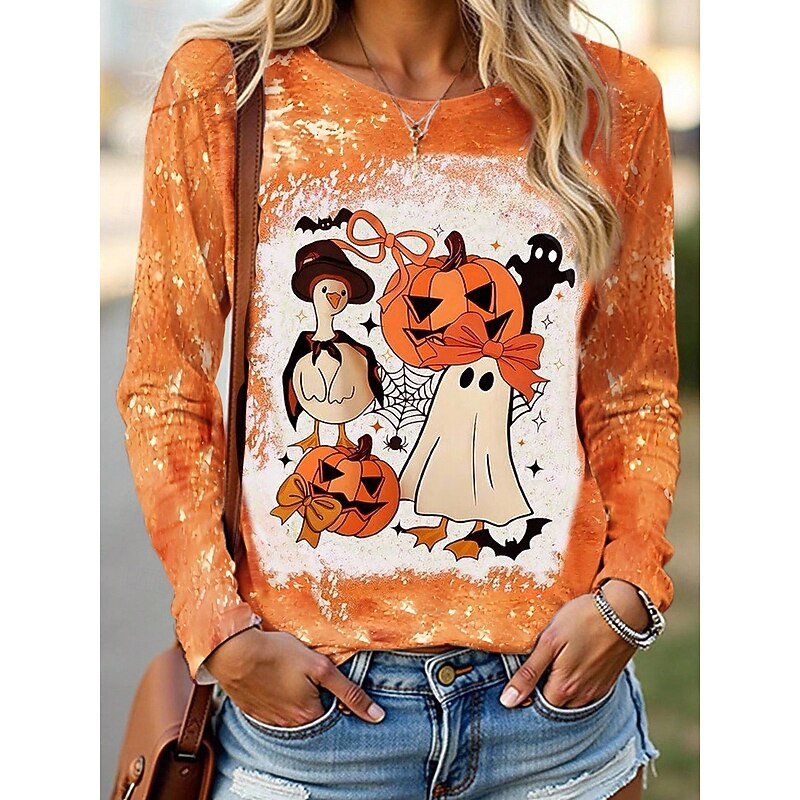 Halloween Women's T shirt Pumpkin Graphic Vintage Fashion Casual Long Sleeve Crew Neck Regular Tops Daily Weekend Print Black Yellow Purple Orange Fall Winter4