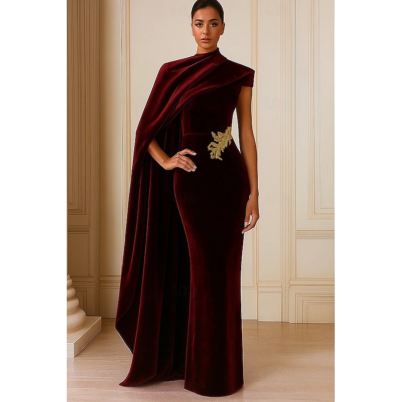 Burgundy Cape Dress Mermaid / Trumpet Stretch Velvet Evening Gown Elegant Formal Dress Formal Wedding Floor Length Sleeveless Gold Sequined with Ruched Beading 2025