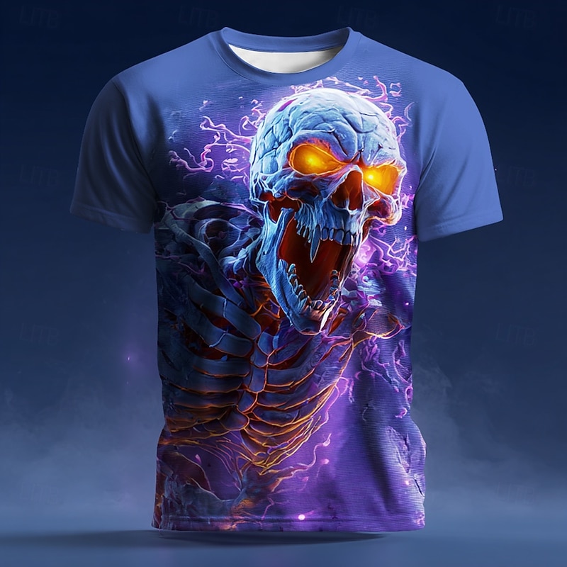 Halloween Men's Skull Optical Illusion 3D T Shirt Short Sleeve T shirt 3D Print Crew Neck Shirt Exaggerated Designer Horror Party Street Holiday Blue Purple Summer Spring All Seasons Clothing Apparel2