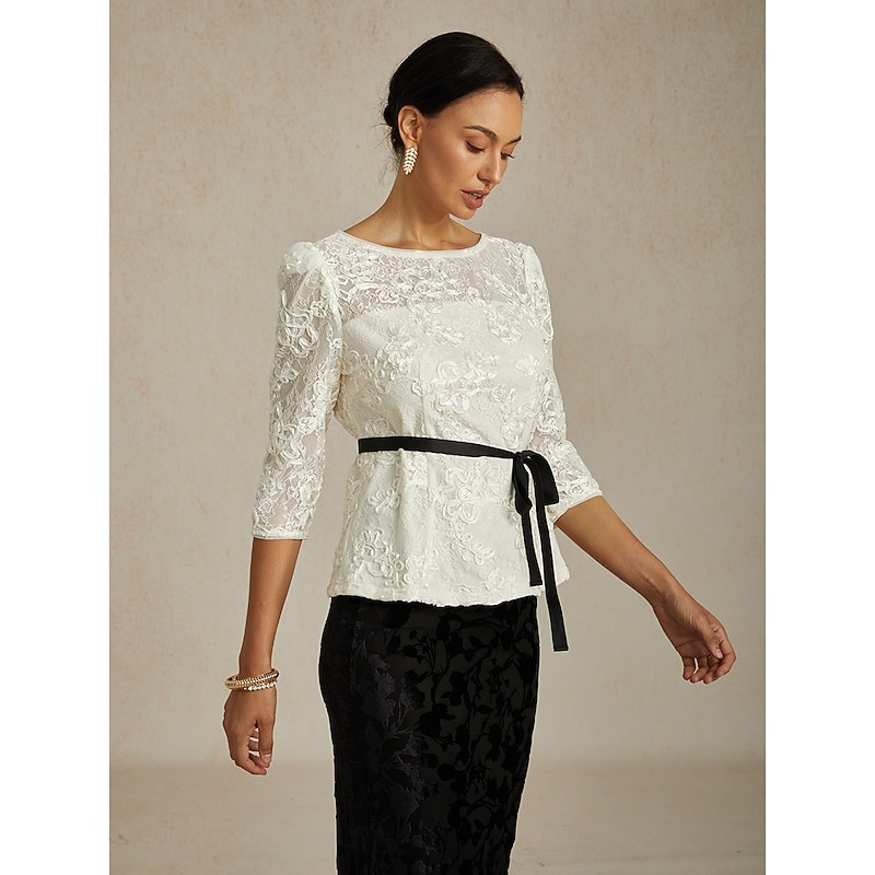 Women's Lace Tops Floral Graphic Elegant Stylish Boat Neck Regular Tops White Summer Spring Fall4